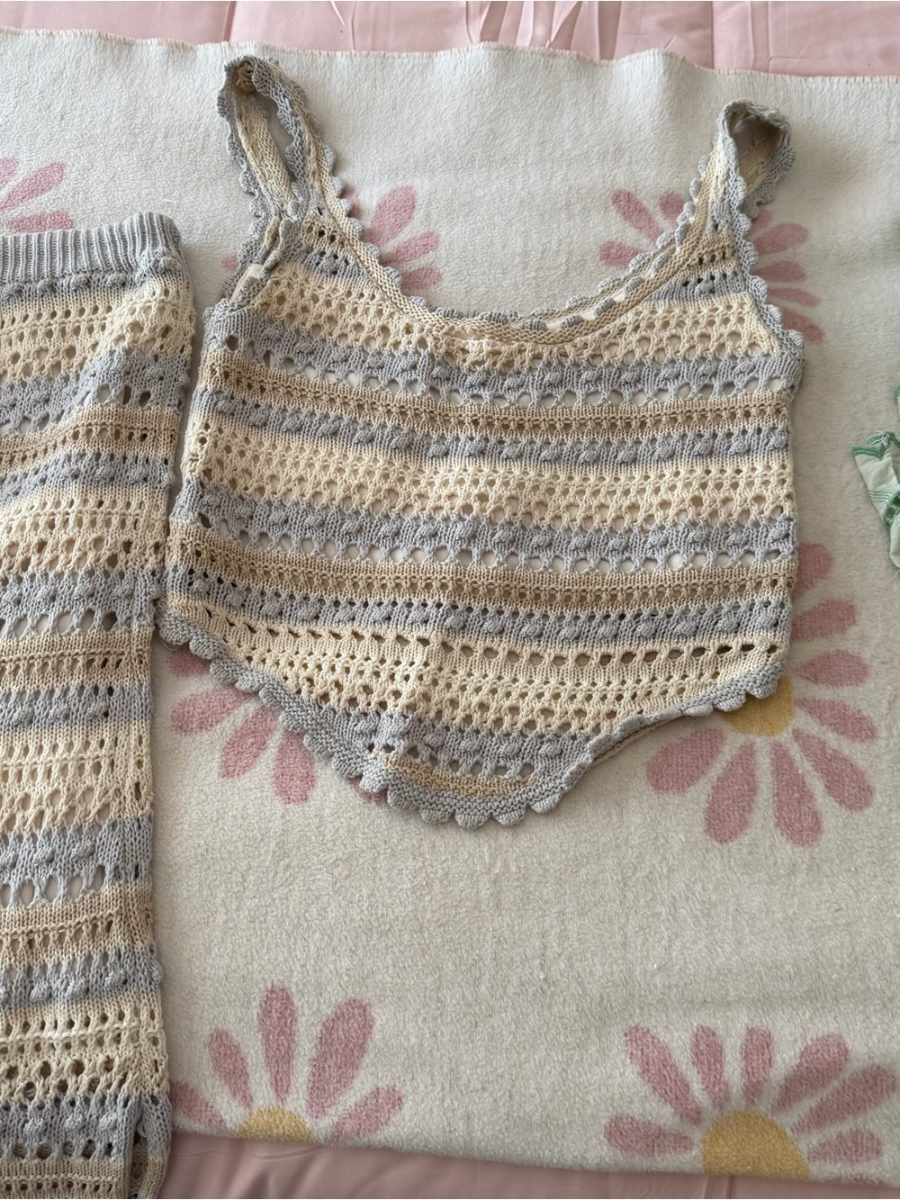 2 piece summer set Crochet Tank Camisole & Skirt in Cream & baby blue